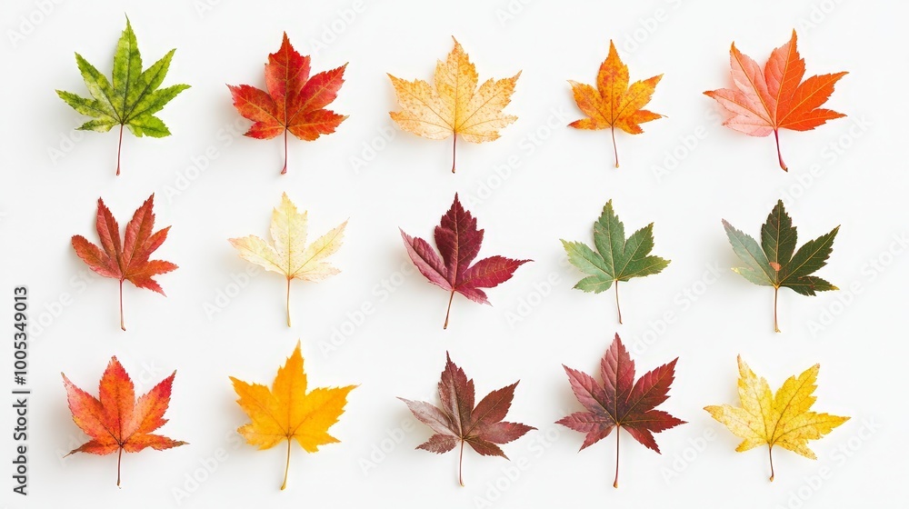 Poster a collection of maple leaves in various fall colors, elegantly displayed against a white background 