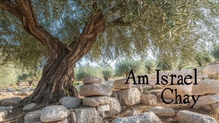 Fototapeta premium A centuries-old olive tree stands in the Israeli countryside under a clear blue sky, with 