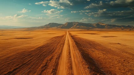 Obraz premium Scenic view of a deserted road stretching through vast desert landscape.