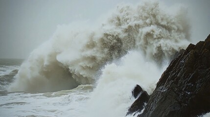 Obraz premium Powerful waves crashing against rocky coastline during a storm.