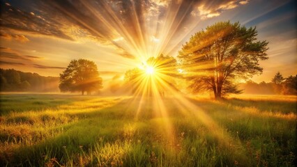 Radiant sunbeams illuminating tranquil meadow in warm golden tones