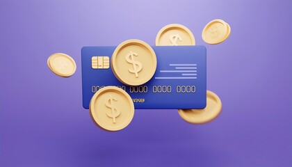 A blue credit card surrounded by gold coins, set against a purple background, symbolizing finance and digital transactions.
