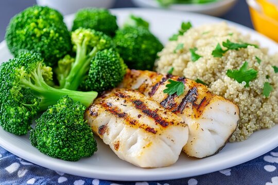 A diet-friendly lunch plate, with a small serving of grilled fish, steamed broccoli, and quinoa, emphasizing portion control and balance.