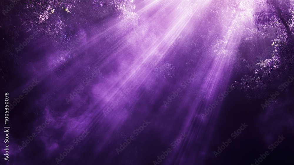 Poster ethereal purple light beams filtering through a forest, creating a mystical atmosphere.