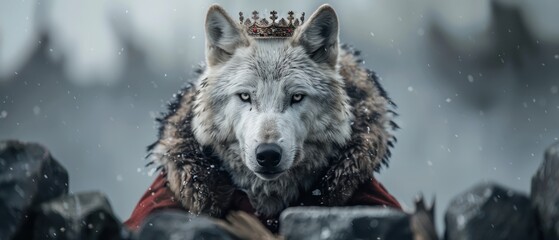 Naklejka premium Majestic White Wolf in Regal Crown and Cloak