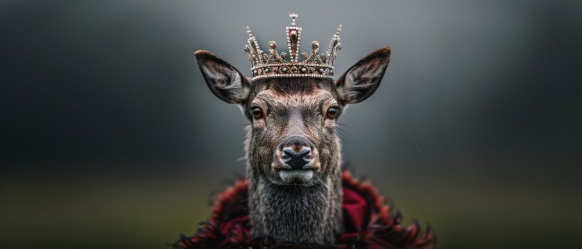 Regal Deer Portrait with Crown and Rich Background