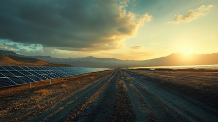 Solar panels in the landscape at sunset, with clouds reflecting golden light.