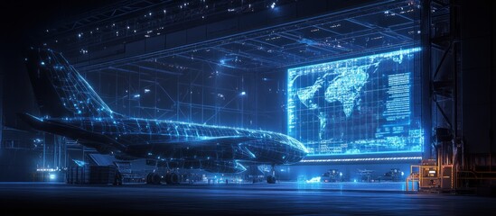 Futuristic Airplane in a Hangar with a Digital World Map