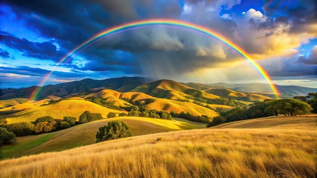 Rainbow over the golden hills of Mount Diablo in Northern California captured in wide-angle view
