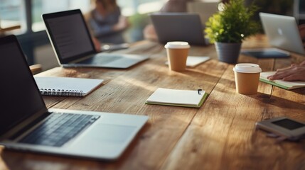 Fototapeta premium Workplace scene with laptops, notes, and coffee cups on a wooden table.