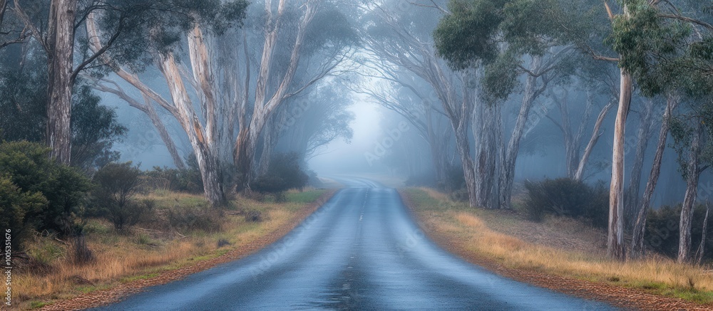 Poster Foggy road through a tunnel of trees, creating an ethereal and mystical scene.