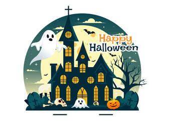 Happy Halloween Night Vector Illustration featuring Pumpkins in the Moonlight, Ghosts, and Other Spooky Elements in a Flat Cartoon Background