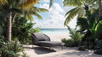 Mock up frame of a cozy beachside garden with a modern grey lounge chair, sandy flooring, and palm trees swaying in the breeze