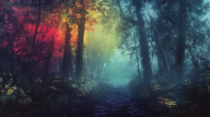 Fototapeta premium A dark, fog-covered forest bathed in enchanting, vibrant colors that pierce through the mist