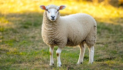Fototapeta premium A white sheep stands in a field with its head tilted towards the camera. The sun shines brightly behind the sheep.