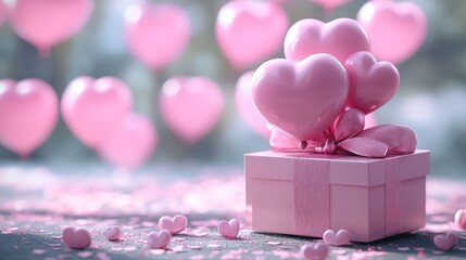 A delightful arrangement of pink heart-shaped balloons and a gift box with a lovely bow creates an enchanting atmosphere, perfect for expressing love and affection