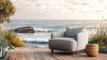 Mock up frame of a cozy seaside porch with a modern beige outdoor chair, wooden planks, and the ocean in the background