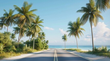 Fototapeta premium Road asphalt with palm trees on side and beach view holiday trip vacation island