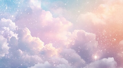 A dreamy sky filled with pastel clouds and twinkling sparkles. The soft colors and gentle shimmer create a serene, enchanting scene
