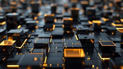 Obraz premium Abstract Black and Gold Geometric Pattern with Glowing Lines