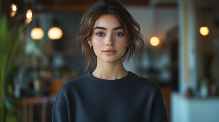 Obraz premium Female Model in Plain Black Sweatshirt Against Clean White Backdrop with Soft Studio Lighting