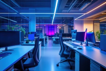 Modern office with neon accents, futuristic touch with copy space