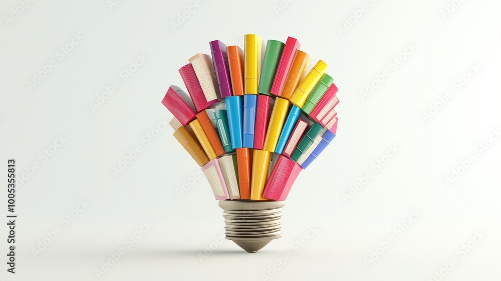 Poster a fun 3d rendering displays a colorful arrangement of books shaped like a light bulb. the clean whit
