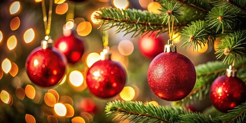 Fototapeta premium Red Christmas ornaments on tree with bokeh lights Macro