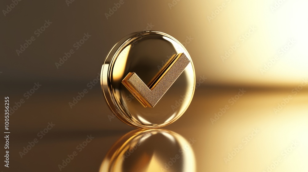 Poster a gleaming gold tick mark, signifying correctness and confirmation. the tick's shine and reflection 
