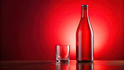 Red glass bottle and red plastic bottle on vibrant red background low angle view
