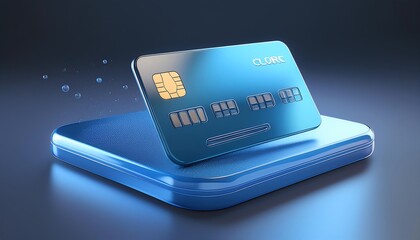 A sleek blue credit card rests atop a matching square, conveying a modern financial theme with a tech-inspired vibe.