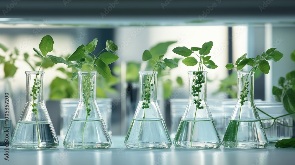Poster a lab bench displaying several erlenmeyer flasks with pea plant samples, emphasizing ongoing scienti