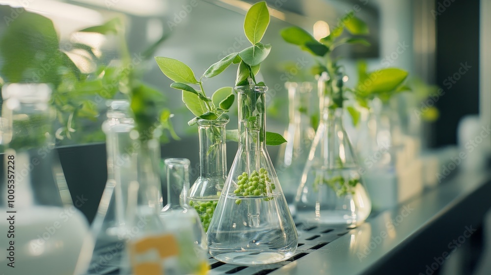 Poster a lab bench displaying several erlenmeyer flasks with pea plant samples, emphasizing ongoing scienti
