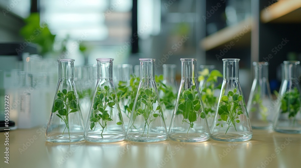 Poster a lab table filled with erlenmeyer flasks containing pea plant samples, illustrating ongoing botanic
