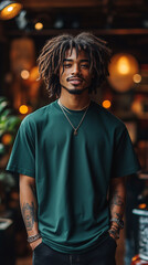 Obraz premium Male Model in Forest Green Polo T-Shirt with Urban-Themed Backdrop