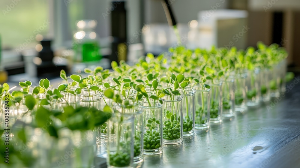 Aufkleber a lab table filled with erlenmeyer flasks containing pea plant samples, illustrating ongoing botanic