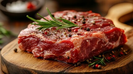 Fototapeta premium Raw beef steak with rosemary and peppercorns on wooden cutting board.