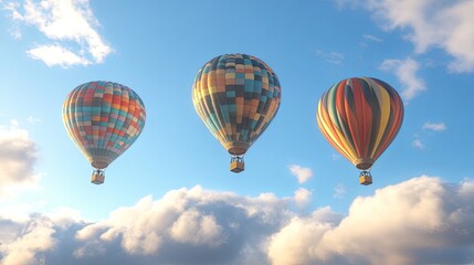 Naklejka premium Three colorful hot air balloons flying high in a clear blue sky with white puffy clouds.