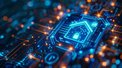 Fototapeta premium Neon blue house icon with a padlock on a circuit board with orange glowing lights. AI generative. .