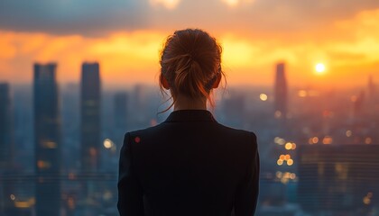 Fototapeta premium Back view of a successful businesswoman in formal clothing, looking at skyscrapers and the city skyline during a dramatic sunset, highlighting professional success