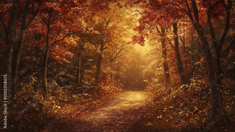 Poster a magical autumn path in a serene forest, where the fiery hues of fall colors create an enchanting a