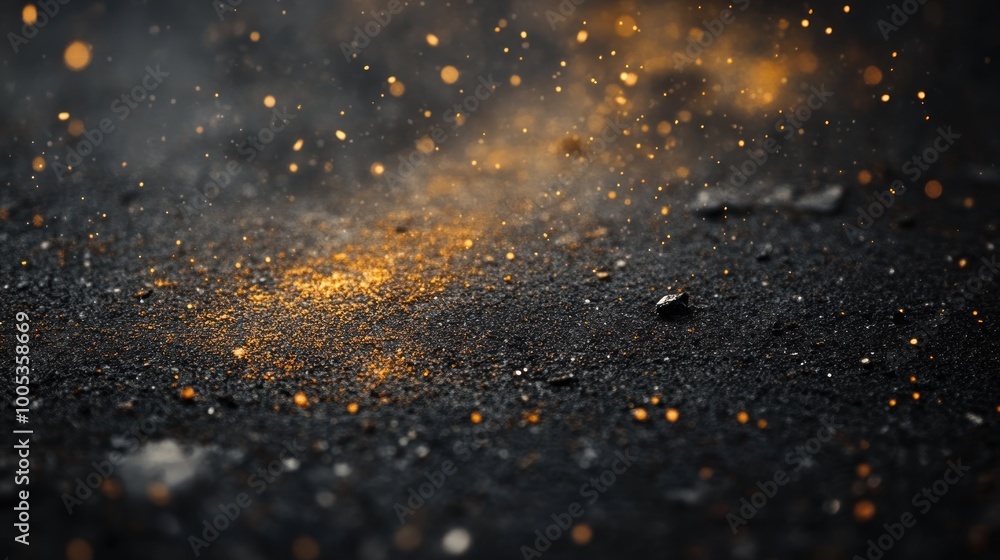 Poster a close-up view of a dark surface with shimmering golden particles and dust.