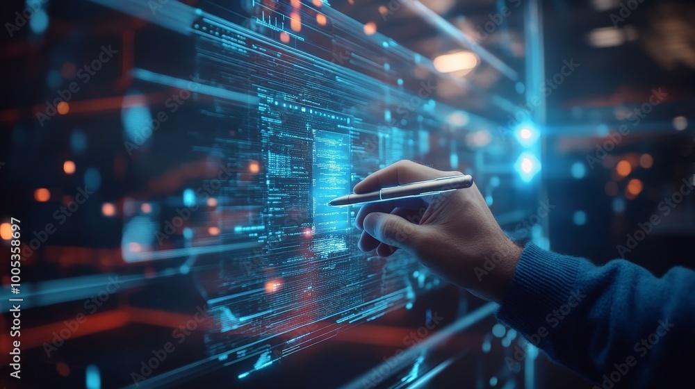Poster a man interacts with a holographic document management system, using a pen to navigate through float