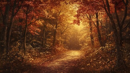 Obraz premium A magical autumn path in a serene forest, where the fiery hues of fall colors create an enchanting and peaceful setting for a relaxing walk