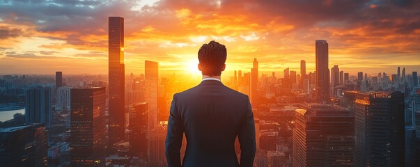 Back view of a successful businessman in a suit, gazing at skyscrapers and the city skyline during a dramatic sunset, highlighting professional success