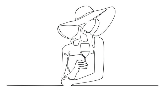 recommend clip art: continuous line of woman enjoying wine.single line of woman holding wine glass.woman enjoying wine one line concept