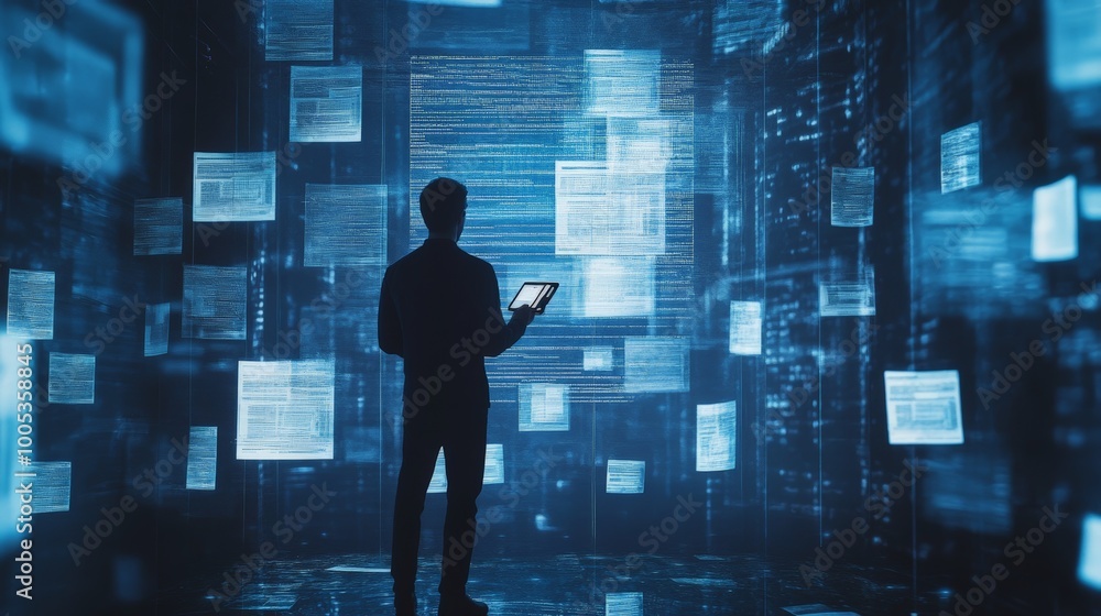 Poster a man stands before a holographic document management system, using a pen to navigate through floati