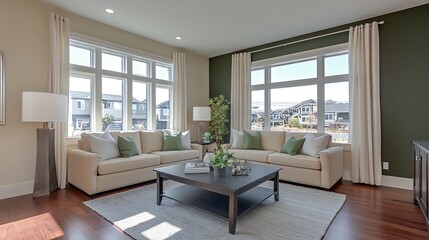 Fototapeta premium Modern living room with large windows, white sectional sofa, coffee table, and green wall.