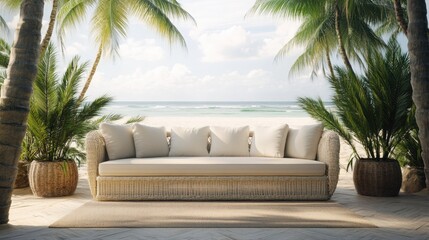 Mock up frame of a serene beachfront seating area with a white wicker sofa, sandy flooring, and palm trees in the distance