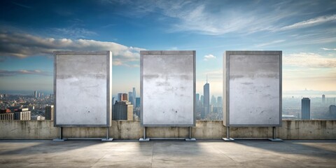 Three blank cement banners set against a city skyline await your personalized touch, ideal for promoting events or